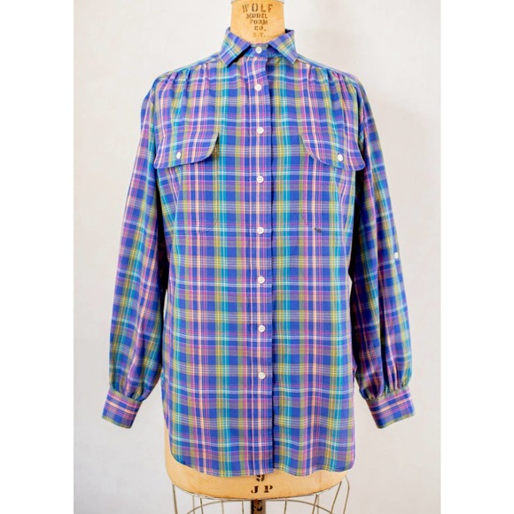 Vintage 80s prairie style, purple plaid button down shirt, women's small med - Picture 3 of 9